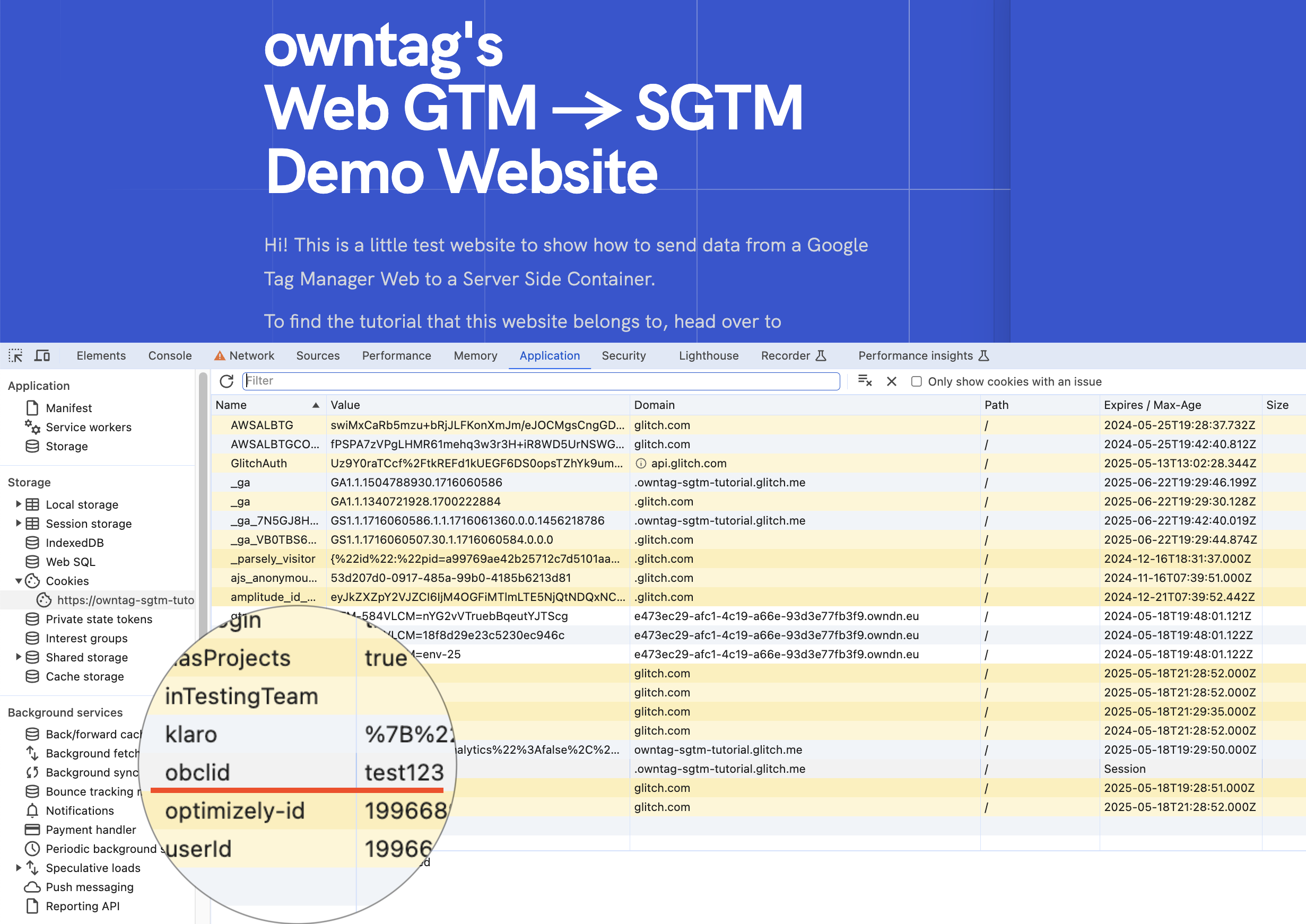 obclid cookie in Chrome DevTools